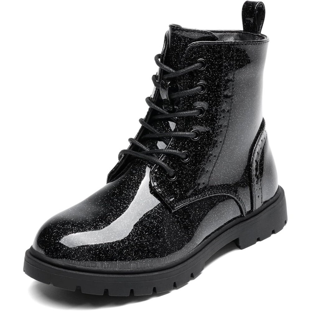 Dream Pair Girl All Black Glitter Zipper Water Resistant Combat Ankle Boot